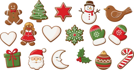 Christmas cookie illustration, festive treats, holiday sweets, gingerbread man, snowman, Santa face, candy cane, ornament, vector design, celebration