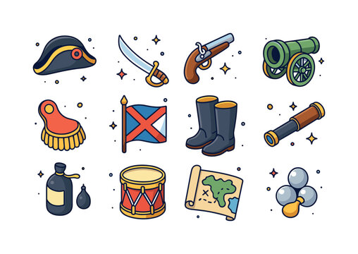 Napoleonic Wars Icon Set. Napoleonic wars. Colorful isometric ve
