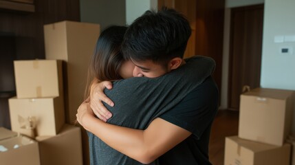 A joyful young Asian couple dances closely in their living room among unpacked cardboard boxes on moving day. They share a moment of happiness as they