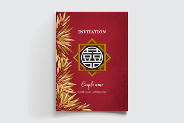 WEDDING INVITATION FRAME WITH FLOWER DECORATIONS AND FRESH LEAVES