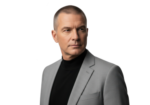 Confident middle-aged businessman in gray suit and transparent turtleneck against transparent background, looking serious and professional. - Powered by Adobe