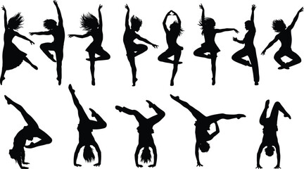 Dancer silhouette poses, acrobatic and upright moves, black figure icons, motion reference, white background, dance gesture chart, posture study © Mst