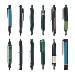Fototapeta premium A diverse collection of pens and mechanical pencils in various colors and designs isolated on transparent background