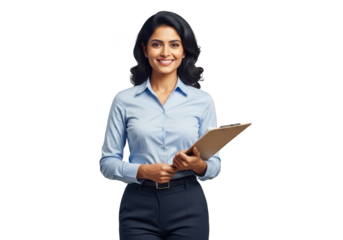 Confident businesswoman holding clipboard, smiling and standing against transparent background, professional and friendly.