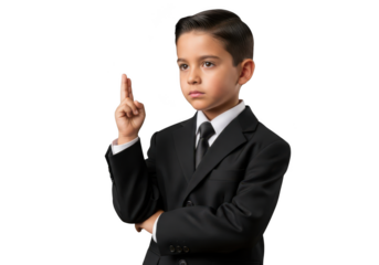 Young Boy in transparent Suit and Tie Gesturing with Finger Raised on transparent Background