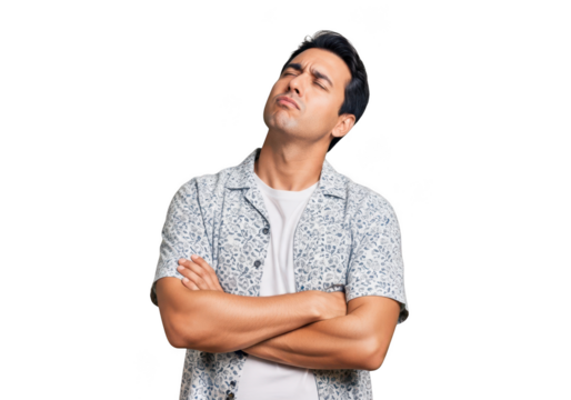 Thoughtful young man with arms crossed looking up, contemplating or waiting against transparent background. - Powered by Adobe