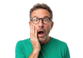 Surprised middle-aged man with glasses and green shirt expressing shock or astonishment on transparent background.
