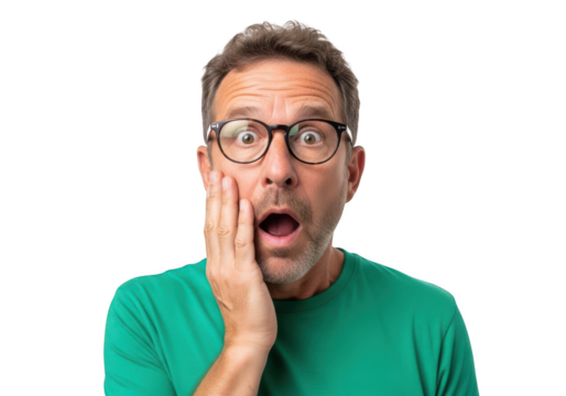 Surprised middle-aged man with glasses and green shirt expressing shock or astonishment on transparent background. - Powered by Adobe