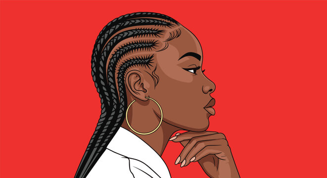 Side profile illustration of a beautiful Black woman with intricate cornrow braids and gold hoop earrings against a red background.