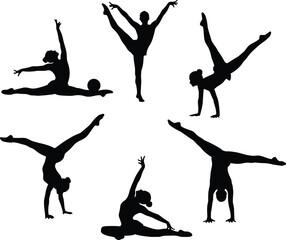 Gymnast, silhouette, pose, flexibility, balance, strength, split, handstand, stretch, ball, dynamic, athletic, black, white, movement, sport, elegance, female, performance, illustration