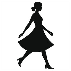 Dynamic Woman Walking Silhouette in Elegant A-Line Spring Dress Vector. Minimalist Female Fashion Figure for Springtime Themes & Lifestyle Designs.