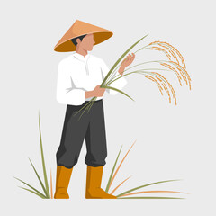 A farmer dressed in traditional clothes stands in a field, holding stalks of rice, symbolizing hard work and connection to agriculture and nature.