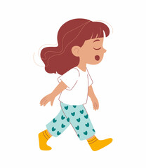 A joyful girl in playful heart-patterned pants walks with a cheerful expression, embodying innocence and the carefree spirit of childhood in a bright, colorful design.