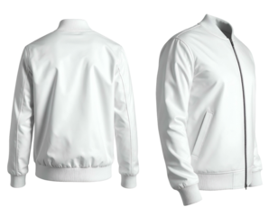 Two views of a clean, white, casual bomber jacket