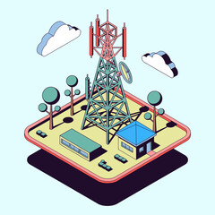 This unique illustration showcases a telecom tower set in a serene landscape, blending technology and nature, emphasizing modernity and connectivity.