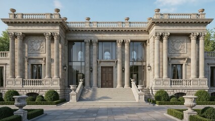 Obraz premium Neoclassical Mansion with Corinthian Columns, Ornate Facade, and Formal Landscaping