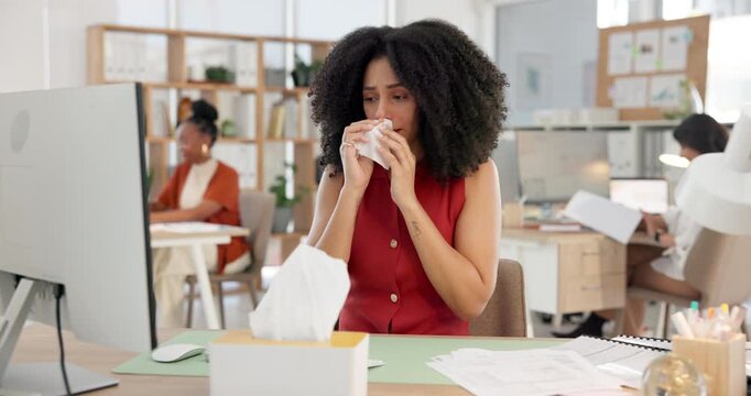 Sick woman, computer or blowing nose with tissue in office for illness, disease or virus. Female person, sneeze or mucus with hayfever, infection or sinus for allergy season or influenza in workplace