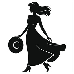 Elegant spring woman silhouette holding sun hat, feminine vector illustration of girl in flowing spring dress, minimalist black fashion design, seasonal beauty, breezy style concept 