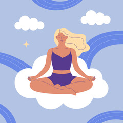A serene woman meditating peacefully on a fluffy cloud, surrounded by rainbows and soft clouds, representing tranquility, mindfulness, and inner peace in a whimsical manner.