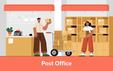 A lively scene illustrated inside a post office featuring two workers sorting packages, depicting the vital role of postal services in modern society and communication.