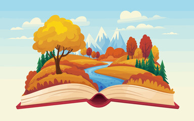 A captivating scene of autumn foliage depicted in an open book, featuring vibrant trees, a meandering river, and majestic mountains, symbolizing nature's beauty and storytelling.