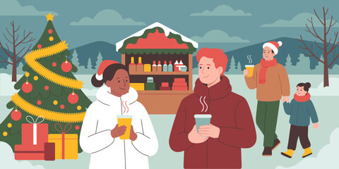 This cheerful winter scene captures families enjoying warm beverages and festive activities at a holiday market, embracing the joy of togetherness and seasonal celebrations.
