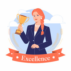 A confident woman in a blue suit holds a trophy representing excellence, showcasing achievement and success in a professional setting against a serene background.