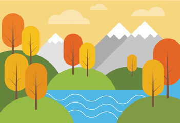 A bright, abstract landscape featuring rolling hills, a serene river, and colorful autumn trees, creating a peaceful atmosphere that represents nature's beauty and tranquility.