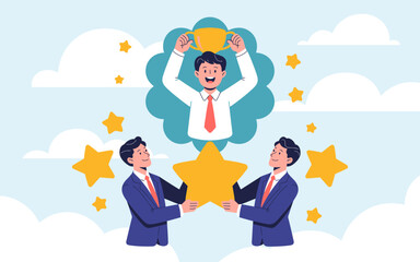 In this vibrant illustration, a business team celebrates their success by holding up a giant star, embodying triumph, teamwork, and the pursuit of excellence in the workplace.