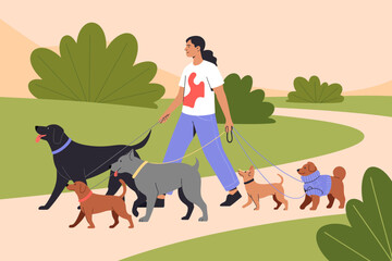 A joyful woman walking a group of dogs in a vibrant park setting, illustrating companionship, animal care, and the joy of outdoor activities with multiple furry friends.