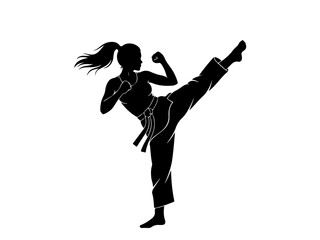 Black silhouette of a woman martial artist performing a powerful high kick, demonstrating strength and agility.