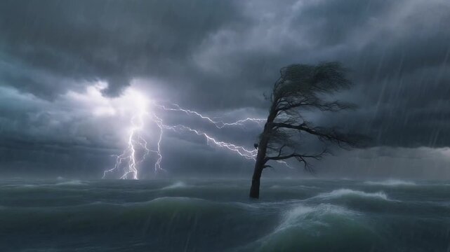 Solitary Tree Bending in a Violent Storm at Sea Keywords: storm, sea, ocean, waves, wind, rain, dark clouds, dramatic, nature, weather, tempest, turbulent, isolated, tree, bending, strong wind