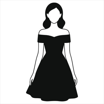 Spring off-shoulder dress fashion silhouette vector illustration, elegant woman in black evening gown, minimal flat design, isolated on white background, modern seasonal apparel icon for spring styles