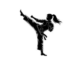 A black silhouette of a female martial artist performing a high kick, demonstrating strength and discipline in a dynamic pose.
