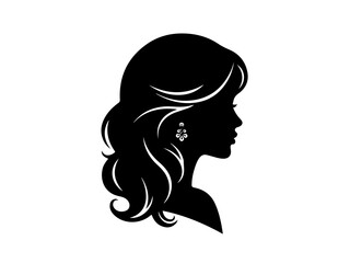 Black silhouette of a woman's head in profile with elegant wavy hair and a sparkling earring, isolated on a white background.