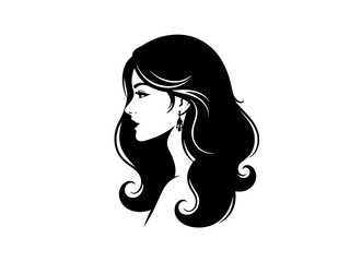 Elegant black and white profile illustration of a woman with long wavy hair and an earring.