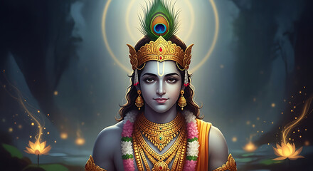 Lord Krishna with peacock feather and golden crown