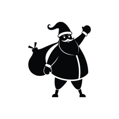 Happy santa claus waving with a sack of gifts silhouette