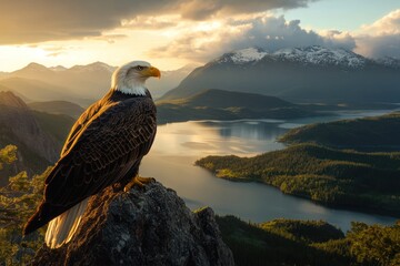 Fototapeta premium Majestic eagle atop mountain peak overlooking serene lake