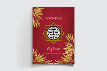 WEDDING INVITATION FRAME WITH FLOWER DECORATIONS AND FRESH LEAVES