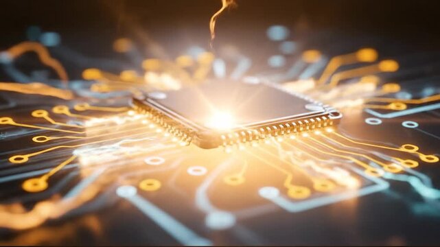 A glowing computer processor with electrical circuits and energy radiating outwards, representing technology.