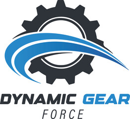 Dynamic gear force logo with an industrial cog and a swift blue arrow representing motion and power