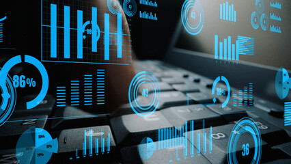 Explore an intricate blend of data visualization and technology, showcasing dynamic graphs and statistics on a laptop keyboard that symbolize modern analysis and innovation. Xenic