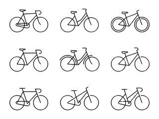 Fototapeta premium Line style bicycle collection with various models on transparent background