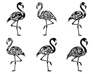 Fototapeta premium Stylized tribal art illustration of flamingos with intricate designs on their bodies showcasing minimalist black and white patterns perfect for design projects and