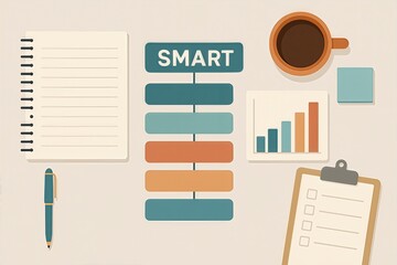 Smart goal framework displayed with notebook and coffee cup emphasizing strategic planning and productivity methods for personal and professional development