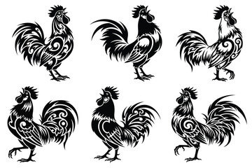 Black and white artistic rooster designs with intricate swirling patterns ideal for modern illustrations and cultural branding
