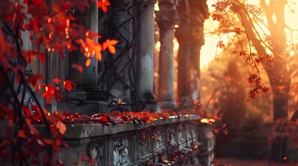 Timeless European Autumn Architecture Silhouette with Golden Light, Climbing Vines and Copy Space