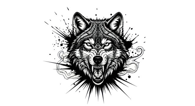 Stylized black and white wolf head with open mouth and sharp teeth.