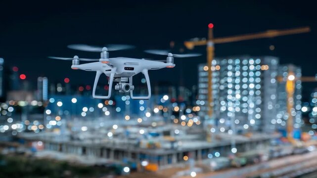 137Medium shot of an infrared drone surveying a commercial building project at night, digital permits displayed as floating data points, equipment and workers glowing in thermal visio